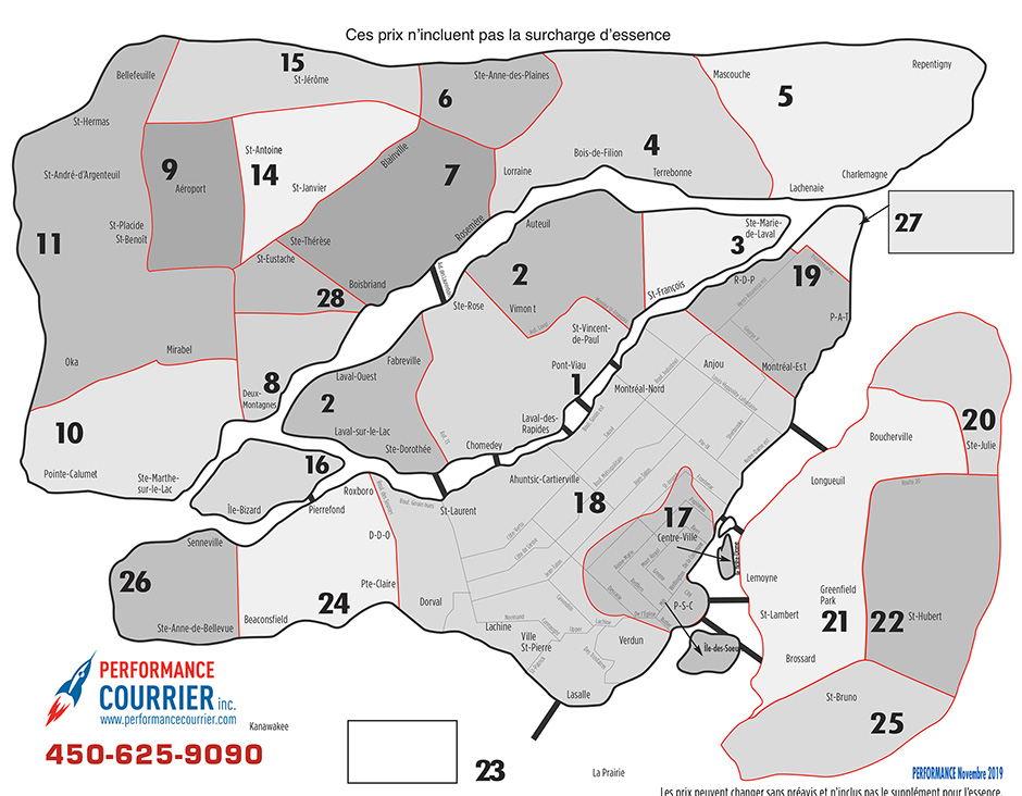 ZONES desservies par Performance Courrier
